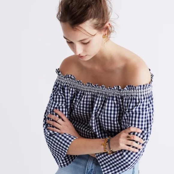Madewell Smocked Gingham Off-the-Shoulder Top XL - Picture 2 of 15